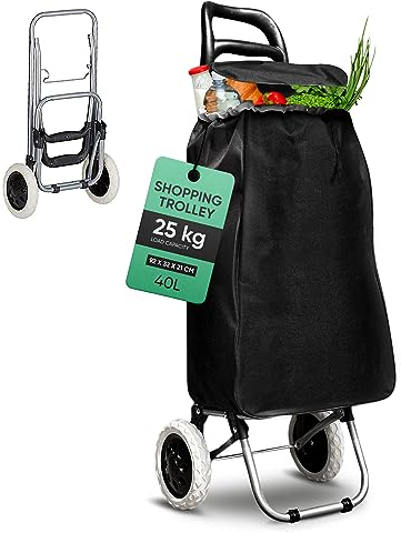 DS Lux Hocheffizienter Einkaufstrolley - 40 Liter Kapazität, 25 kg Belastbar, Verschließbare Reißverschlusstasche, Ergonomischer Griff, Platzsparend Zusammenklappbar. (Schwarz)