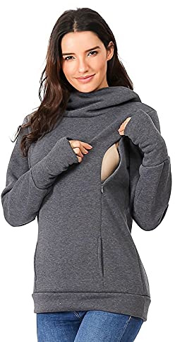 Pull Femme Top Allaitement Sweat-shirts pour Femmes Enceintes et Allaitantes - Capuche Maternité - Blouse de Grossesse - Pull d'Allaitement (Z051-Gris Foncé, L)