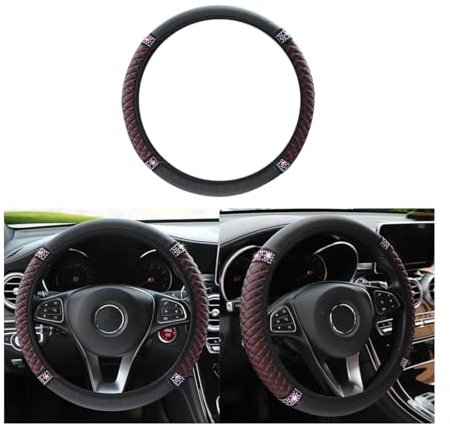 Adunsiaoto Housse De Volant Respirante Universelle, Housse De Volant De Voiture sans Anneau Intérieur en Cuir Brodé, Caches de Volant en Cuir Microfibre Universel 37-38cm, Antidérapant(Noir/Rouge)