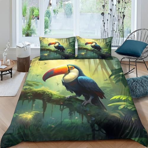 EVMILA Tukan Bettbezug Set 3D Gedruckter Vögel Bettwäschegarnitur Mädchen Junge Kinder Reissverschluss Und Kissenbezüge Weich Microfaser Bettwäsche 3 Teilig King(220x240cm)