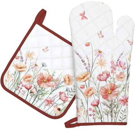 Arquiel Ofenhandschuh und Topflappen 2er Set, 100% Baumwolle Kochhandschuhe, Hitzebeständiger Küchenhandschuh Zum Kochen Backen Grillen Geschenk,Vintage-Wildblumen