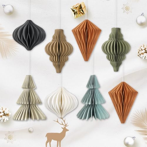 EASY JOY 8 Stück Baumschmuck Weihnachten,Hängende Papier Waben deko Weihnachten,Christbaumschmuck Papier,Skandinavische weihnachtsdeko für Weihnachtsbaum deko,Esstisch,Kaminsims