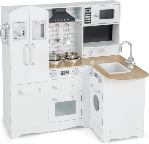 Kids Corn Kitchen Playset, Little Chef Wooden Play Kitchen for Toddlers, Water Dispenser, Microwave, Range Hood, Refrigerator, Cookware, Modular Pretend Toy Kitchen Set w/Lights & Sounds