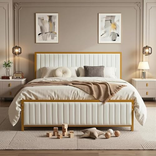 VECELO - Cama Doble Acolchada de 140 x 190 cm, Plataforma, Soporte para láminas de Madera sólida, no Requiere somier tapicero, Tejido Aterciopelado, fácil de Montar, Color Beige