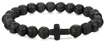 GAUEIOUR Black Natural Stone Cross Frosted Bracelet,Mens Beaded Elastic Wrist Rope Stretch Relax Yoga Retro Christian Pray Baptism Presents Jewellery