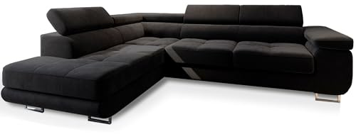 Masseno Ecksofa Selva L-S mit Schlaffunktion L-Form, Glamour Sofa mit Bettkasten, Wohnzimmersofa, Couch, Soffa, Bettsofa, Couchgarnitur - Schwarz, Monolith 95