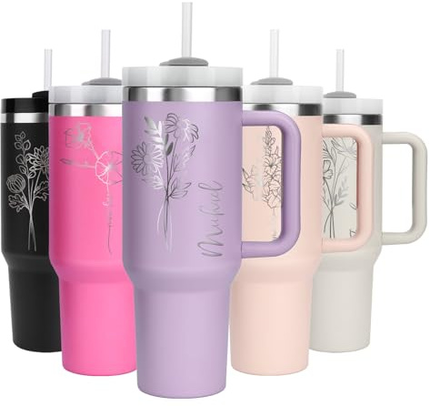 WALLFID 40oz Thermobecher personalisiert – Edelstahl Becher mit Initiale oder Geburtsblume, mit Namen & Wunschtext, Henkel, Deckel & Strohhalm, kompatibel mit Stanley Cup (Monatliche Blumendesign)