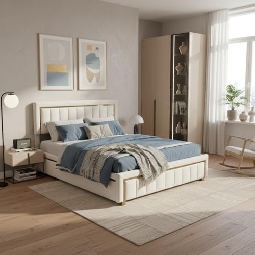 BLSYHDH - Cama de maletero de 140 x 200, cama acolchada hidráulica con baúl de cama doble con almacenamiento de cama con cabezal y somier de láminas (blanco roto+franela-A, 140 x 200)