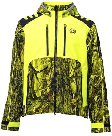 BITRABI Giacca Tiger da Caccia Mimetica, Softshell Impermeabile con Cappuccio Removibile, Design a Due Tonalità,Verde Militare e Giallo Alta Visibilità (IT, Testo, XL, Regular, Regular, Giallo Fluo)