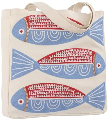 Perseverance Trade Summer Beach Embroidery Canvas Tote Bag Red Sardine Fish
