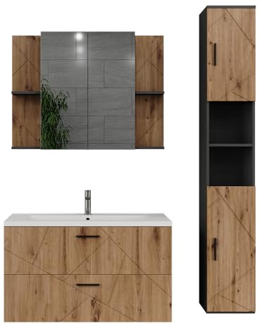 Vicco Ensemble de Meubles de Salle de Bains Irma, Anthracite/Chêne de Force doré, 100 cm, Comprend Un Meuble sous-lavabo avec lavabo, Une Armoire Haute et Un Miroir de Salle de Bain