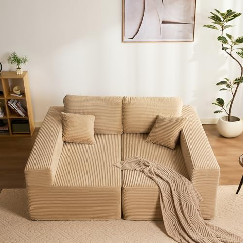Litbird Sofá esquinero Modular en L con función Cama y Chaise Longue Derecha – Tapizado en Pana, Asiento Profundo – Sofá Cama para salón – Sin Montaje (Camel, Dos plazas)