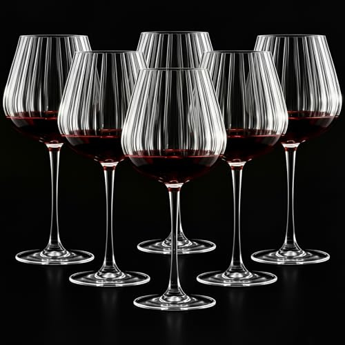 Acellegic Set of 6 Ribbed Wine Glasses, Stemmed Wine Glasses, Vintage Ribbed Glassware Sets for Red White, Champagne Sparkling Tasting, Cocktail, Anniversary, Dinner Party, Wedding(20 oz,Burgundy)