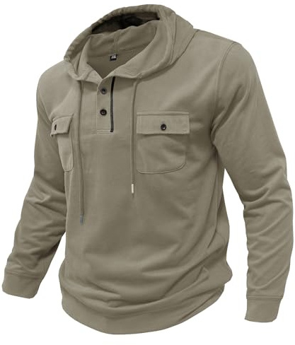 APAELEA Camisa con Capucha para Hombre Manga Larga Pullover Básica con Capucha y Múltiples Bolsillos,Albaricoque,L