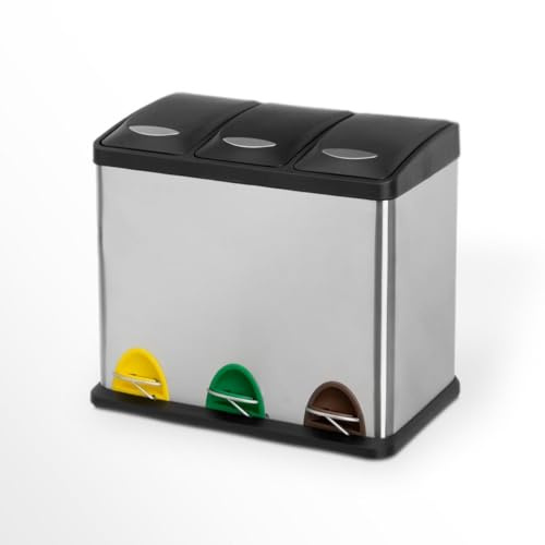 CasaSeleccion - Papelera de reciclaje con 3 compartimentos de 8 litros. Cuerpo de acero inoxidable. Incluye 3 cubos interiores de polipropileno extraíbles con asa. Medidas: 46x27x40 cm