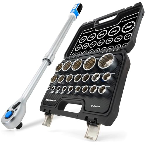 HASKYY Set di chiavi a bussola XZN 8-36 mm 1/2 pollice e cricchetto telescopico reversibile 1/2 pollice 610–750 mm 72 denti, in acciaio CR-V, set di utensili 22 pezzi
