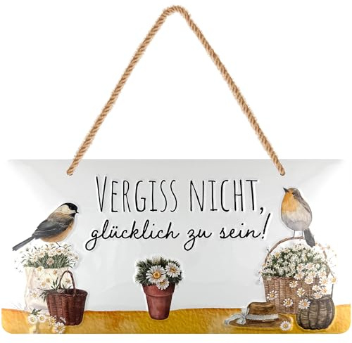 LANOLU retro Blechschild, Happy Place Schild für Garten Balkon, Lieblingsplatz, Spatz Blumen Deko, geprägt gestanzt, Jutekordel, 16x32 cm