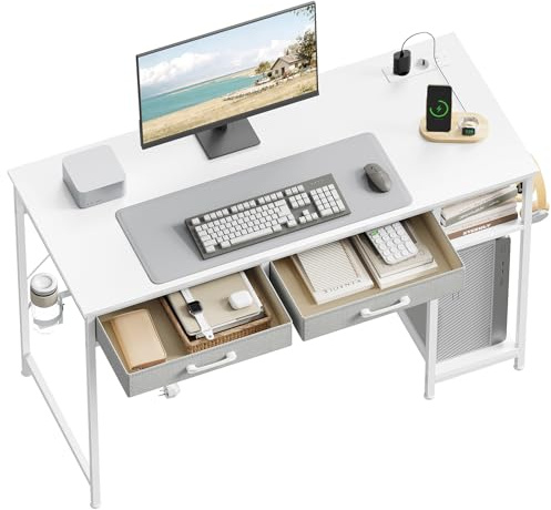 WOLTU Mesa Escritorio con 2 Cajones y 2 Estanterías, 120x51x75 cm, Blanco | Puerto USB Tipo C y Estación de Carga, Portavasos y Gancho, para Estudio y Oficina