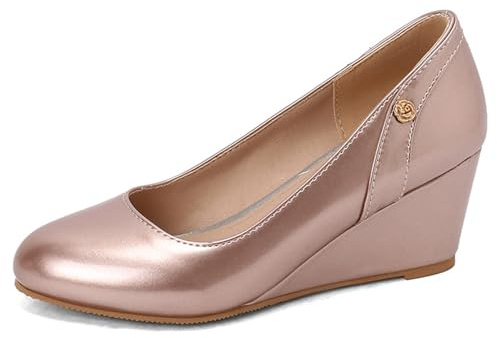 MiaZane Scarpe con Tacco a Cuneo Punta Tonda Slip On Court Scarpe Colori Caramella Pelle Verniciata Tacchi Eleganti per Invitata a Matrimonio e Festa Primavera Estate,Rosa,47 EU