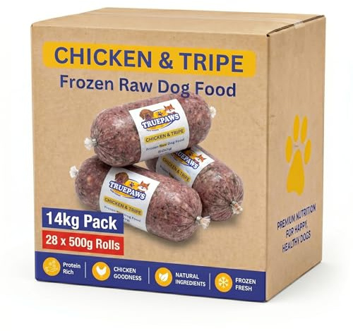 Truepaws Raw Foods Frozen Raw Dog Food Chicken and Green Tripe Mince 14kg Box – 28 x 500g Chub Rolls – Complete BARF Raw Dog Food – Natural Frozen Minced Raw Food for Dogs