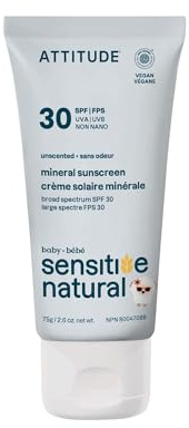 ATTITUDE Mineral Sunscreen for Baby and Kids with Sensitive Skin, EWG Verified, Broad Spectrum UVA/UVB, Dermatologically Tested, Plant and Mineral-Based Formula, Vegan, SPF 30, Unscented, 2.6 Oz