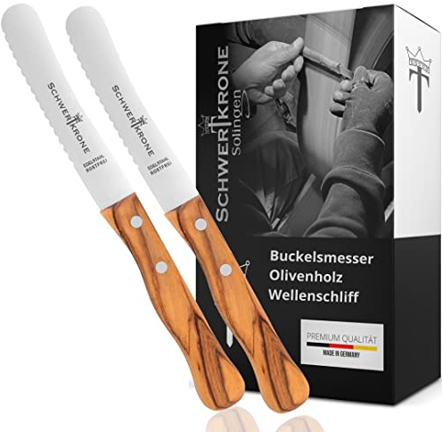 Schwertkrone Solingen Set di 2 Coltelli da Colazione in Legno d'Ulivo - Tradizione e Qualità - Coltello da pane e panini con lama ondulata - INOX