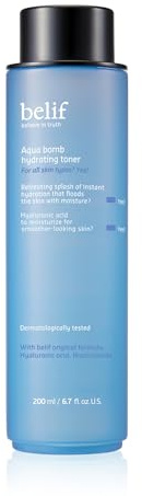 belif Niacinamide Hydrating Toner – Aqua Bomb Lightweight Cooling Toner with Hyaluronic Acid, Soothing and Balancing Formula, Skin Barrier Repair and Radiant Skin, Korean Skincare, 5.07 fl oz