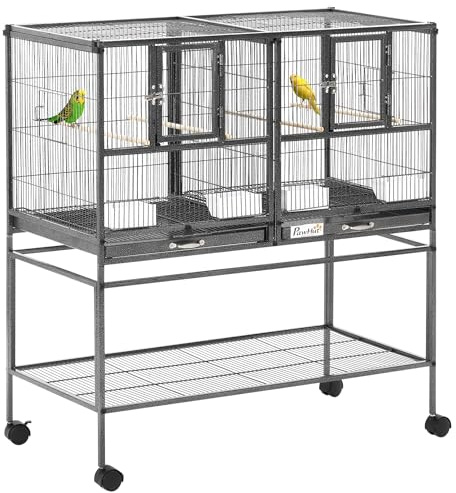 PawHut Cage à Oiseaux avec séparation mangeoire et perchoir 95L x 45,5l x 102H cm Noir et Gris
