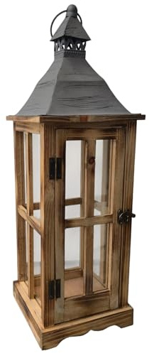 Laterne mit Glas 56 cm braune Holzlaterne mit Metalldach - Laterne für draußen - Vintage - Gartenlaterne - Windlicht Laterne - Kerzenhalter - Laterne Naturholz