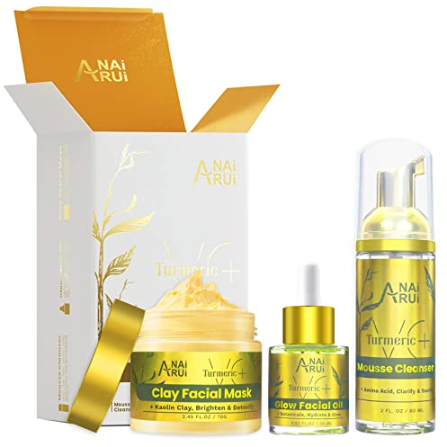 ANAiRUi Gesichtspflege Set - Geschenkset für Frauen - Anti-Aging Tagespflege und Nachtpflege - Kurkuma Vitamin C Gesichtsmaske + schäumender Gesichtsreiniger + Kurkuma Gesichtsöl - Skincare