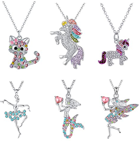Pomeloone 6 Stück Ketten Set, Einhorn Halskette Meerjungfrau Ballerina Katze Anhänger Halskette mit Kristallen, Geburtstagsgeschenk für Kinder, Mädchen, Damen, Frau