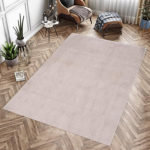 Carpettex Hochflor Teppich Wohnzimmer Einfarbig Kunstfell Felloptik Teppich Beige 160 x 220 cm - Waschbarer Teppich Schlafzimmer Flauschiger Teppich Plüsch Weich - Teppich Langflor Küchenteppich