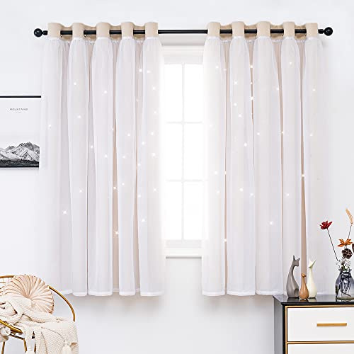 QINUO HOME Barngardiner med voile 54 fall – öljett stjärnor mörkläggningsgardiner för sovrum fönsterbehandling, termiska dubbelskikt stjärnutskurna fönstergardiner, 2 paneler set, 167 x 137 cm, naturlig