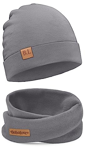 BUBALOVE - Set di Berretto e Sciarpa - Cappello Cotone - Colletto per Bambino - Cuffia e Scaldacollo Cotone - Cappello a Maglia - Cappello e Sciarpe - Cappello 52-56 - Antracite