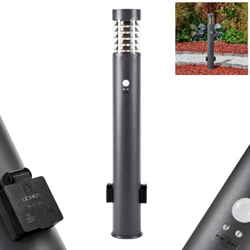 HOFSTEIN Außenwegeleuchte Dakar, moderne Wegeleuchte mit Bewegungsmelder und 2 Steckdosen aus Metall/Kunststoff in Anthrazit/Klar, Höhe 80 cm, Gartenbeleuchtung IP44, 1 x E27, ohne Leuchtmittel
