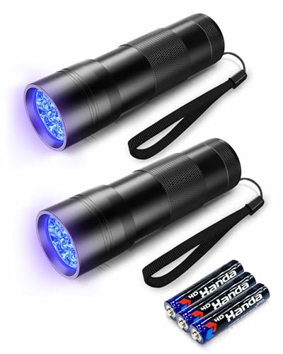 EvaStary 2 Pezzi Torcia UV LED Portatile con 12 LED, Mini Lampada UV in 395 nm, Torcia Ultravioletti a Luce Nera IPX4 Impermeabile per Rilevatore di Urina di Cane/Gatto, 6 Batterie AAA Incluse
