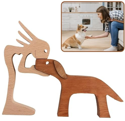 Tadpolez Estatua de Madera Hecha a Mano, Figuras de Perro de Madera,Estatua Humana de Perro de Madera Tallada a Mano,Madera Estatua Familiar de Perro,para Dormitorio Hogar,Oficina,Estante