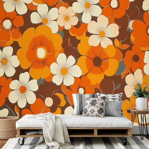 DLERFLOVR Mural Papier Peint Fleurs Des Années 70 Fond Papier Murale Style Rétro Papiers Peints Panoramique pour Salle de séjour Chambre à coucher séjour Décoration