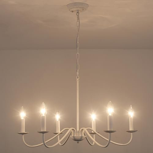 WTUOING Lámpara De Araña Vintage, 6 Luces Lampara Techo Colgante para Salon, E14 Araña de luces Blanca, Lampara Araña Rustica para Dormitorio,Comedor, Cocina