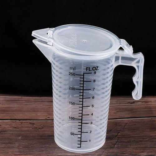 Caraffa graduata in plastica trasparente con coperchio, misurini da 250 ml con manico per cottura, caffè, liquidi, bevande, tazze da cucina e da laboratorio