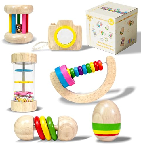 Wooden Baby Toys for 1 Year Old Boys Girls: Birthday Gifts for 3-6-9-12-18 Month Old Toddlers Kids Sensory Montessori Rattle Toy for Boy Girl Age 1 Musical Instruments Shakers Babies Presents
