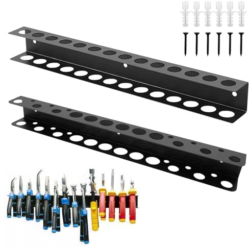 AROMUJOY 2 Pezzi Organizer per Cacciaviti, Supporto Da Parete 40cm, Porta Cacciaviti da Parete, Rack Pinze in Metallo, Portautensili per Attrezzi per Officine,Garage, Banco da Lavoro(14 Fori+18 Fori)