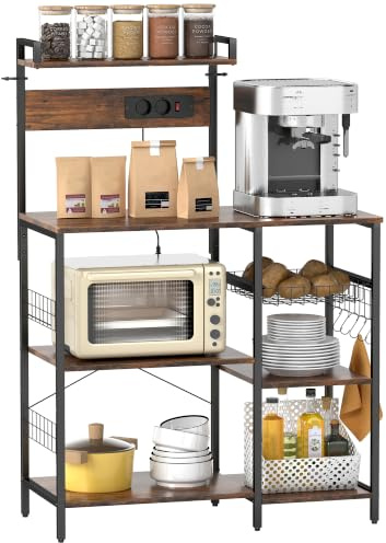 HOMCOM Étagère de Cuisine 2 Prises et Panier 90x42x130cm Marron Rustique | Étagère debout, 5 crochets S, 5 étagères, étagère de boulanger, croisillons, étagères réglables, bar à café en acier