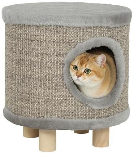 PawHut Casa para Gatos 3 en 1 Taburete Cueva para Gatos 36x36x38 cm Gris