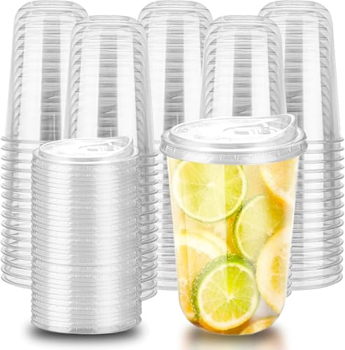 KAHEIGN 50 Piezas Vasos de Plástico Transparente con Tapa, 480ml Vaso Reutilizable de Plástico para Café Elegantes Vasos para Bebidas de Fiesta para Café Helado Batidos Bebidas Frías Fiestas Catering