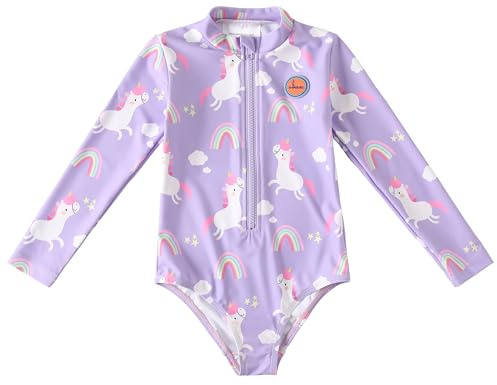 Swimbubs Girls Long Sleeve Swimsuit – Baby & Toddler Rash Guard Swimming Costume with Front Zip, One Piece Swimwear (2-3 Years, Purple Unicorn)