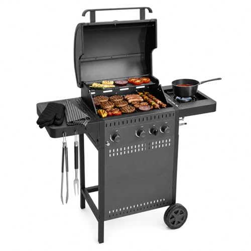 Amig - Barbecue a gas IGNIS 3+1 (3 bruciatori + 1 laterale) - 117 x 55 x 110 cm - Superficie di cottura 54 x 38 cm - Con termometro, ripiani laterali, ruote e griglia in ghisa - Nero