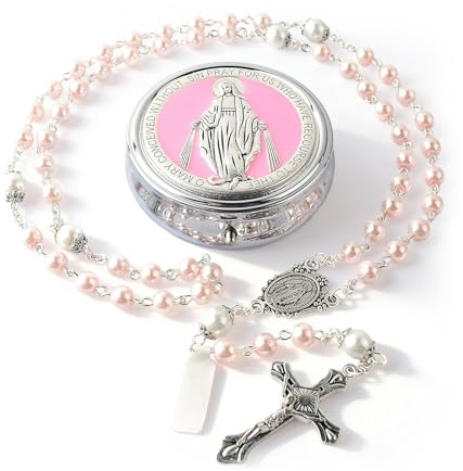 RUQVKWLA Catholic christening gifts for girls, Pink Metal Keepsake Box With rosary beads, Elegant first communion gifts for girls Memorial Necklace, Religious Jewellery Present