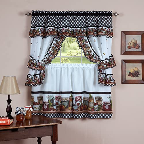 ACHIM Printed Cottage Tier and Swag Window Curtain Set - 57 Inch Width, 24 Inch Length - Mason Jars - Light Filtering Drapes for Kitchen, Living & Dining Room Home Decor