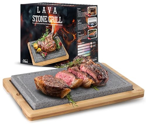 Artestia Extra stor lavasten för matlagning av biff, plattor för varm sten, bordsgrill, matlagningsfat för kött, BBQ lava biffstenar med bambutallrik (34,7 cm x 22,7 cm)
